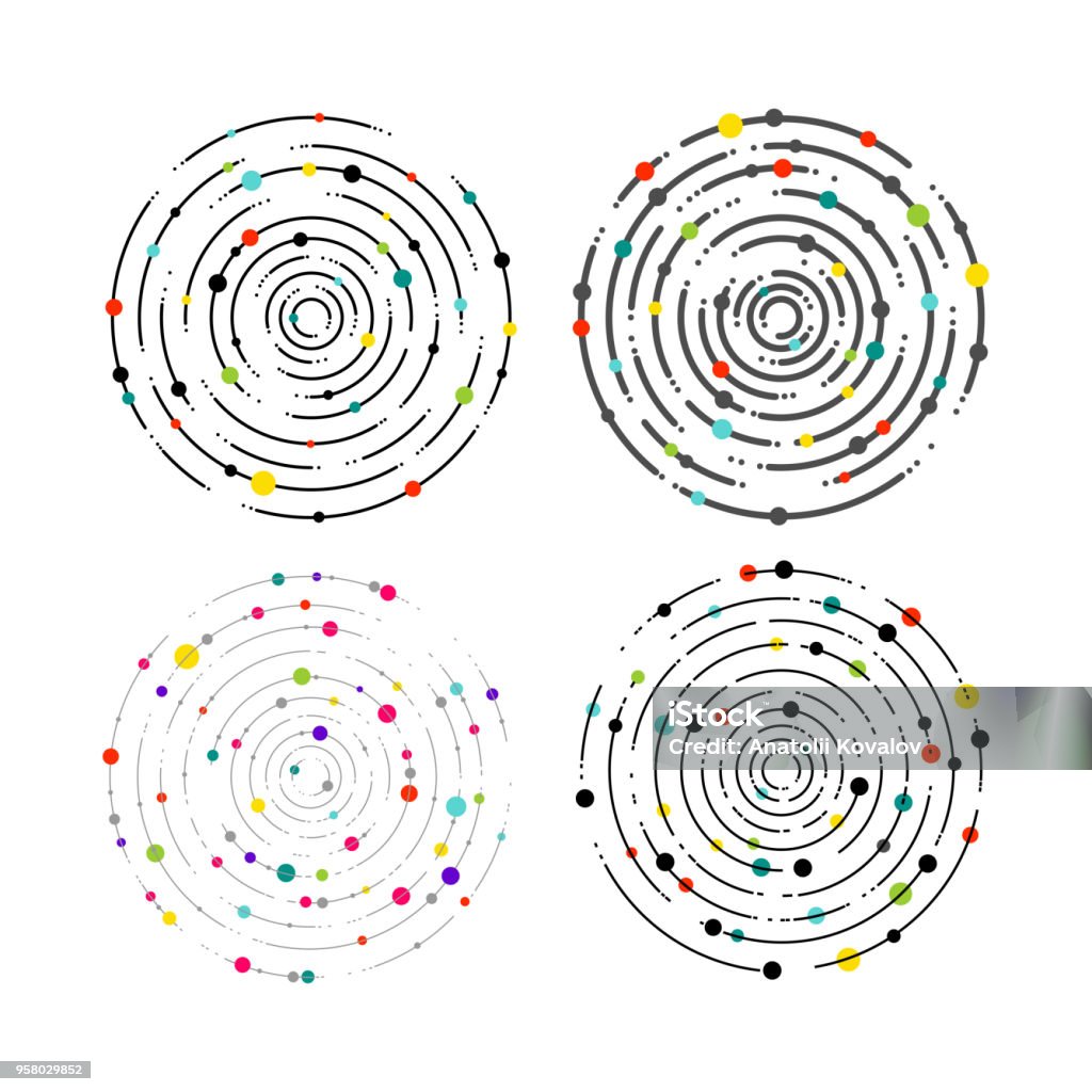 Set of circular lines and color dots. Circular lines graphic pattern, dashed line ripples. Geometric element, concentric, radiating circles, vortex. Vector illustration. Isolated on white background Circle stock vector