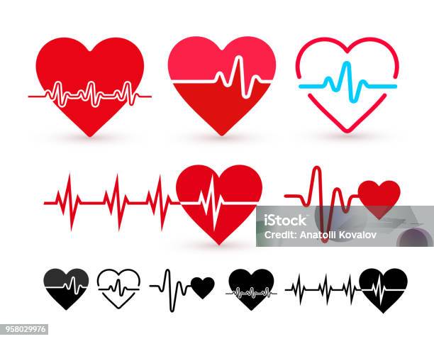Set Di Icona Heartbeat Monitoraggio Sanitario Assistenza Sanitaria Design Piatto Illustrazione Vettoriale Isolato Su Sfondo Bianco - Immagini vettoriali stock e altre immagini di Cuore