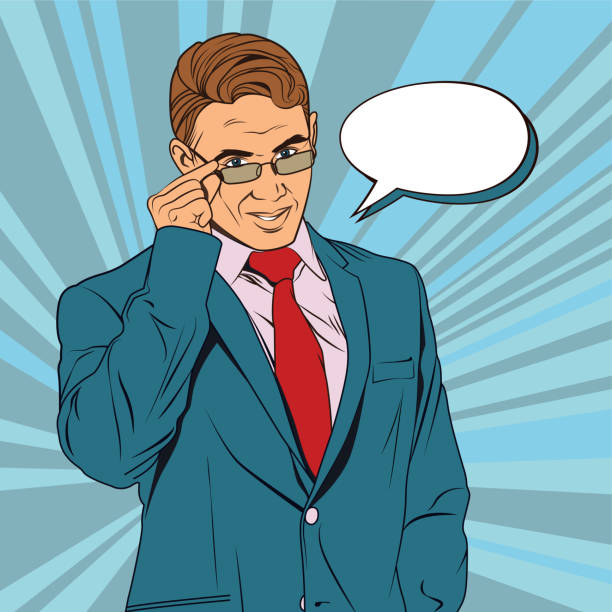 A man in an office suit with a tie. Looks from under the glasses and holds them by hand. Vector illustration.