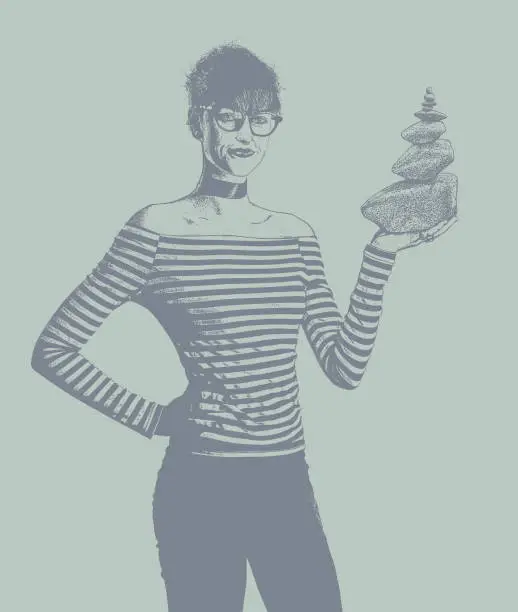 Vector illustration of Businesswoman holding rock cairn