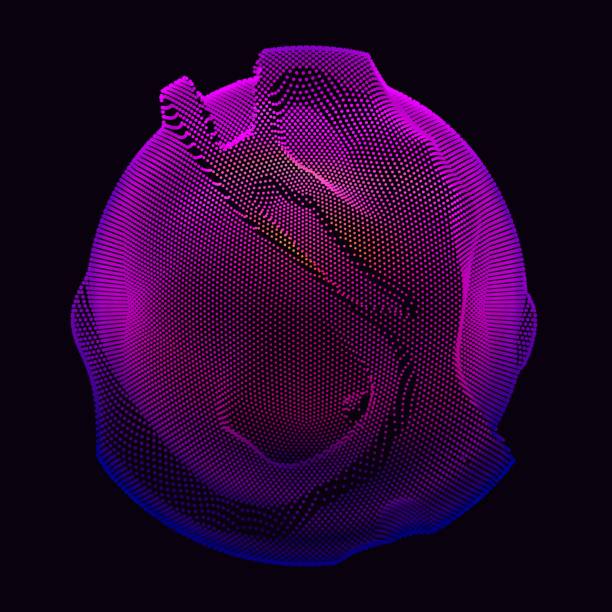istock Abstract vector violet colorful mesh sphere on dark background. Futuristic style card. Elegant background for business presentations. Corrupted point sphere. Chaos aesthetics. 958033676