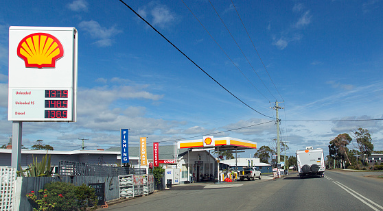 Dunalley, Tasmania, Australia: March 27, 2018: Shell branded Gas Station in Dunalley on the Arthur Highway. Also selling hardware, fishing tackle and other everyday products.