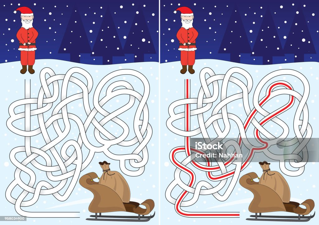 Santa maze Santa maze for kids with a solution Animal Sleigh stock vector