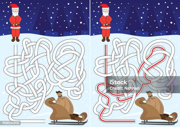 Santa Maze Stock Illustration - Download Image Now - Animal Sleigh, Cartoon, Christmas