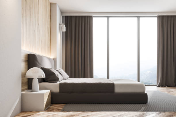 istock Wooden wall Scandinavian bedroom, side view 958037710