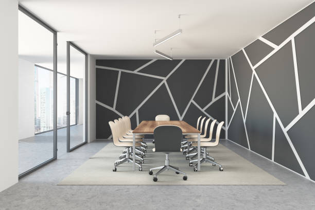 istock Black pattern meeting room, wooden table 958037990
