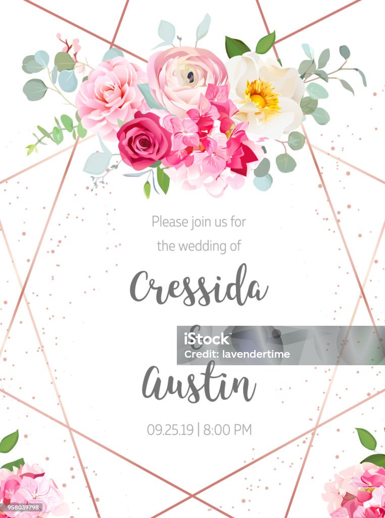Floral geometrical vector design frame Floral geometrical vector design frame.Pink hydrangea, red rose, camellia, ranunculus, eucalyptus and greenery bouquets.Spring wedding flowers. Gold line banner. All elements are isolated and editable Flower stock vector