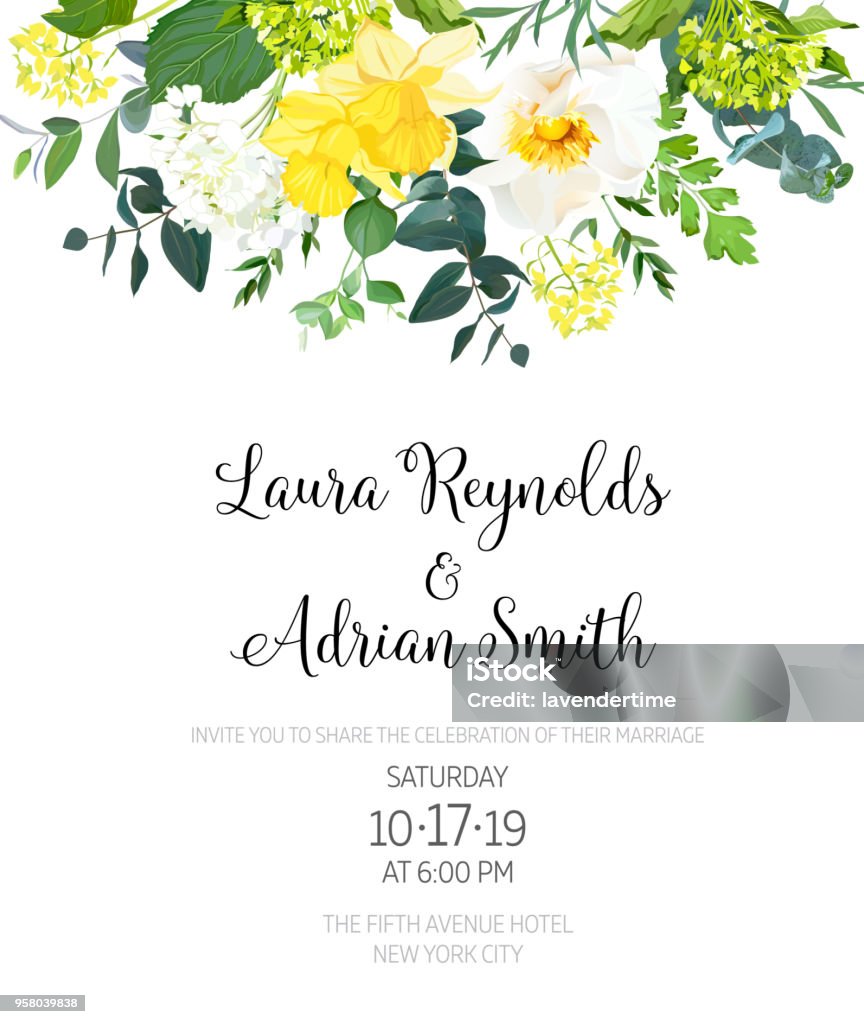 Yellow wedding botanical vector flower design invitation Yellow wedding botanical vector flower design invitation. Vertical frame or card. Daffodil, wild rose, white and green hydrangea, eucalyptus and wildflowers. All elements are isolated and editable Yellow stock vector