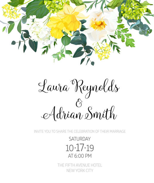 Yellow wedding botanical vector flower design invitation Yellow wedding botanical vector flower design invitation. Vertical frame or card. Daffodil, wild rose, white and green hydrangea, eucalyptus and wildflowers. All elements are isolated and editable narcissus mythological character stock illustrations