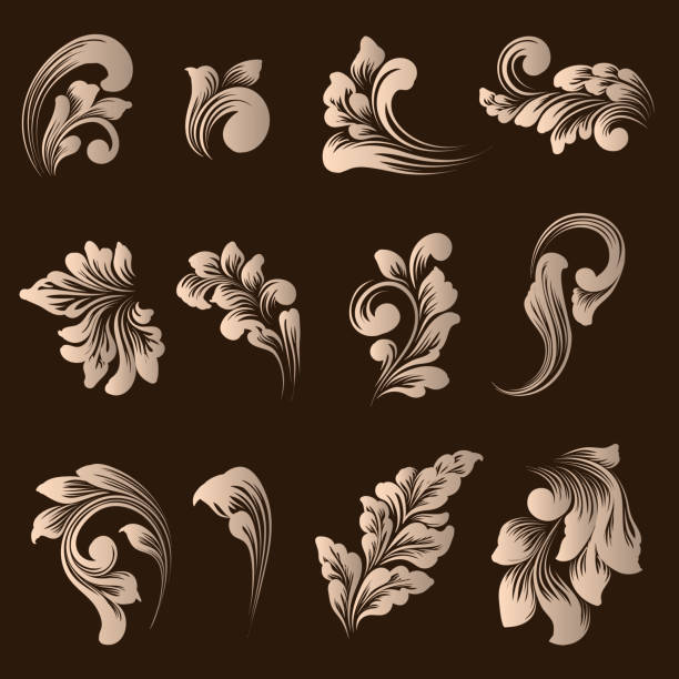 Vector set of damask ornamental elements. Elegant floral abstract elements for design. Perfect for invitations, cards etc. Vector set of damask ornamental elements. Elegant floral abstract elements for design. Perfect for invitations, cards etc. baroque style stock illustrations