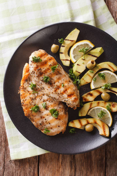 istock Diet Food: Grilled chicken breast with avocado, lemon and olive close-up. Vertical top view 958044404