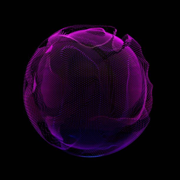 istock Abstract vector violet colorful mesh sphere on dark background. Futuristic style card. Elegant background for business presentations. Corrupted point sphere. Chaos aesthetics. 958045220