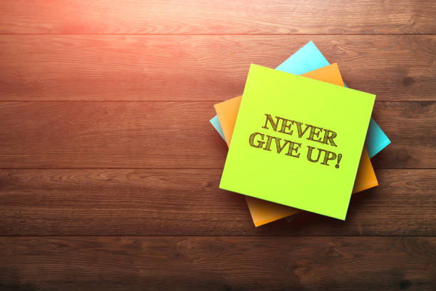 istock Never Give Up , the phrase is written on multi-colored stickers, on a brown wooden background. environment concept, strategy, plan, planning. 958046412