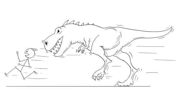 Cartoon of Man or Businessmen Running Away From Monster Tyrannosaurus or Dinosaur Godzilla Creature Cartoon stick man drawing conceptual illustration of businessman running away from tyrannosaurus or godzilla like dinosaur monster creature. godzilla vector stock illustrations