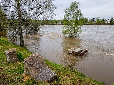 Glomma river Flooding in Elverum city, Hedmark in Norway at May 11, 2018