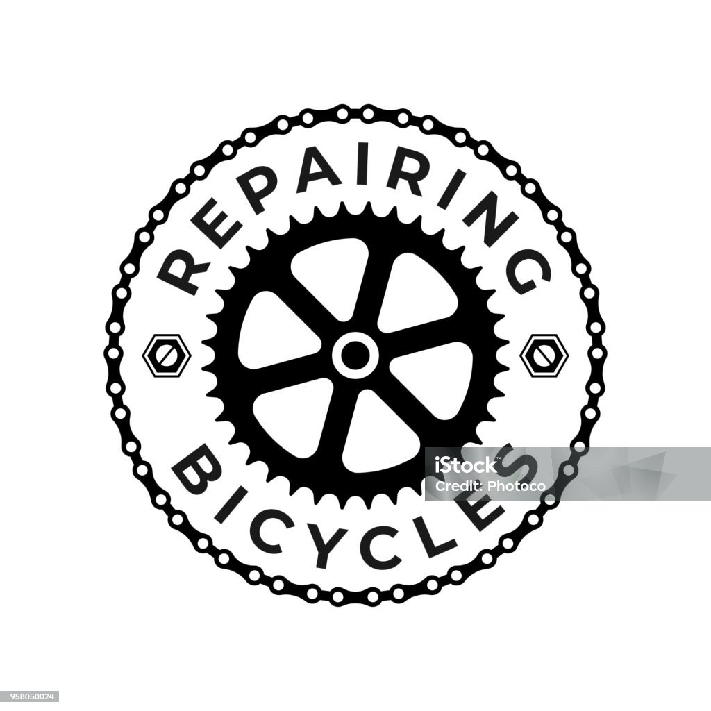 Repairing Bicycles Badge Repairing Bicycles Badge with Chain and Gear on the White Background Bicycle stock vector