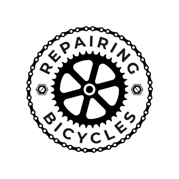 Repairing Bicycles Badge Repairing Bicycles Badge with Chain and Gear on the White Background bike stock illustrations