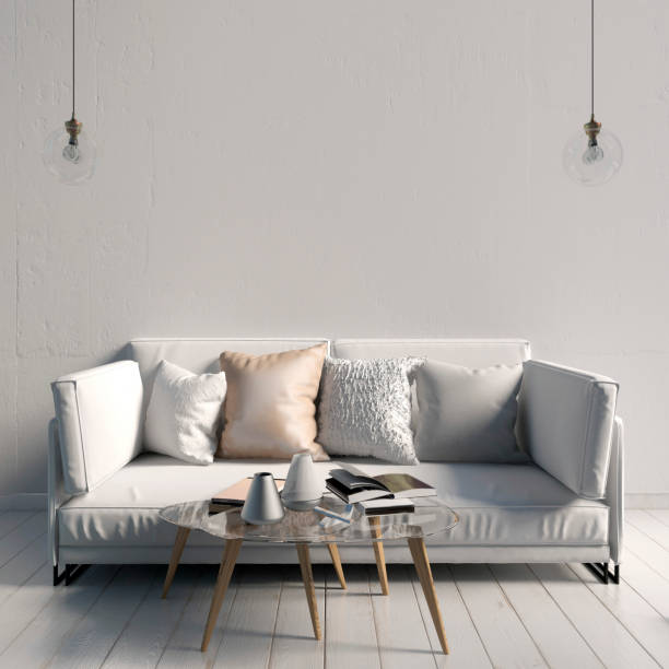 istock Modern interior with coffee table and sofa. Wall mock up. 3d illustration. 958055072