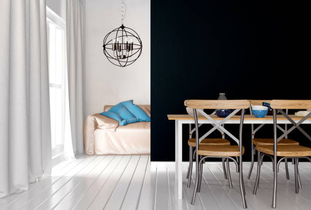 istock Mock up wall in interior with dining area. living room modern style. 3d illustration 958055084