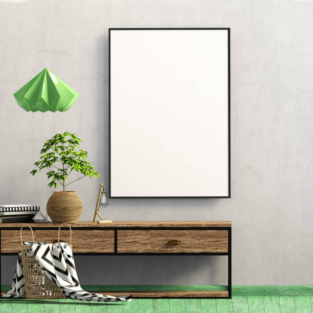istock Modern interior with rack, plant and lamp. Poster mock up. 3d illustration 958055090