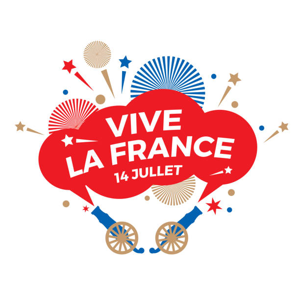 Happy Bastille Day. National holiday. A holiday sign with a salute and the words "Long live France. July 14" in French. bastille day stock illustrations