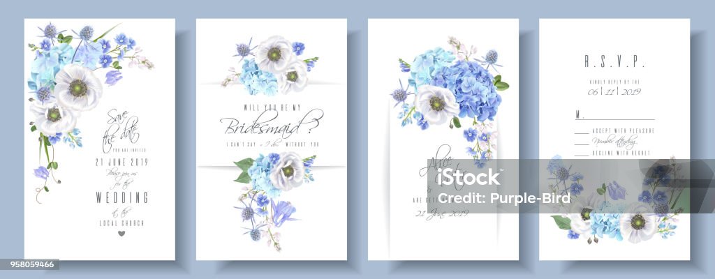 Blue anemone wedding set Vector wedding invitation set with blue hydrangea and anemone flowers on white. Romantic floral design. Can be used for natural cosmetics, perfume, women products, greeting cards, summer background Hydrangea stock vector