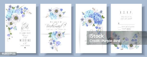 Blue Anemone Wedding Set Stock Illustration - Download Image Now - Hydrangea, Blue, Invitation
