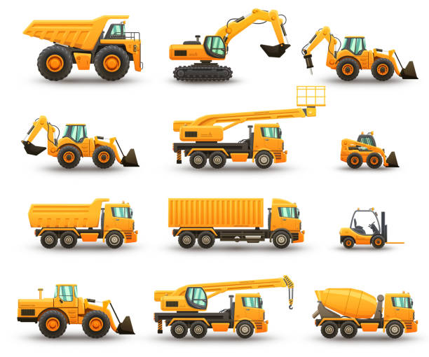 illustrazioni stock, clip art, cartoni animati e icone di tendenza di set di macchine da costruzione - crane construction equipment construction equipment