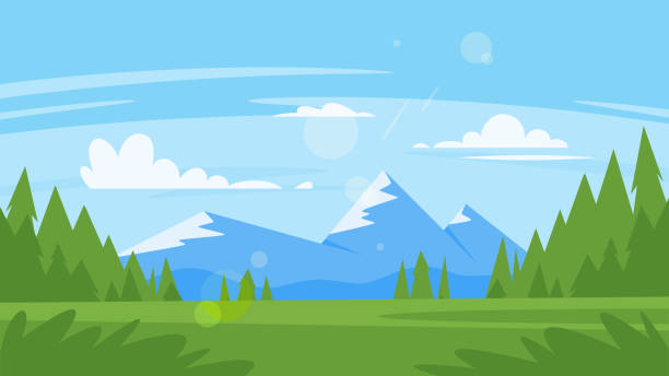 ilustrações, clipart, desenhos animados e ícones de montanhas rochosas e florestas - tree silhouette meadow horizon over land