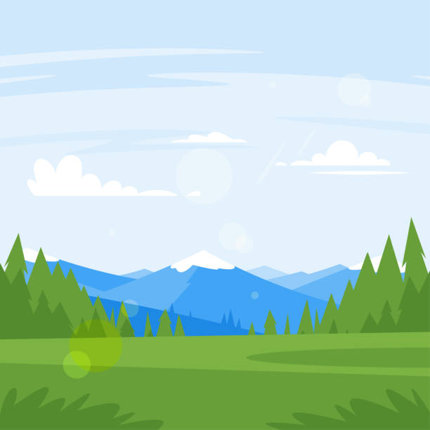 ilustraciones, imágenes clip art, dibujos animados e iconos de stock de montañas rocosas y bosque - tree silhouette meadow horizon over land