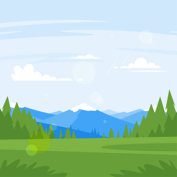 ilustrações, clipart, desenhos animados e ícones de montanhas rochosas e florestas - tree silhouette meadow horizon over land