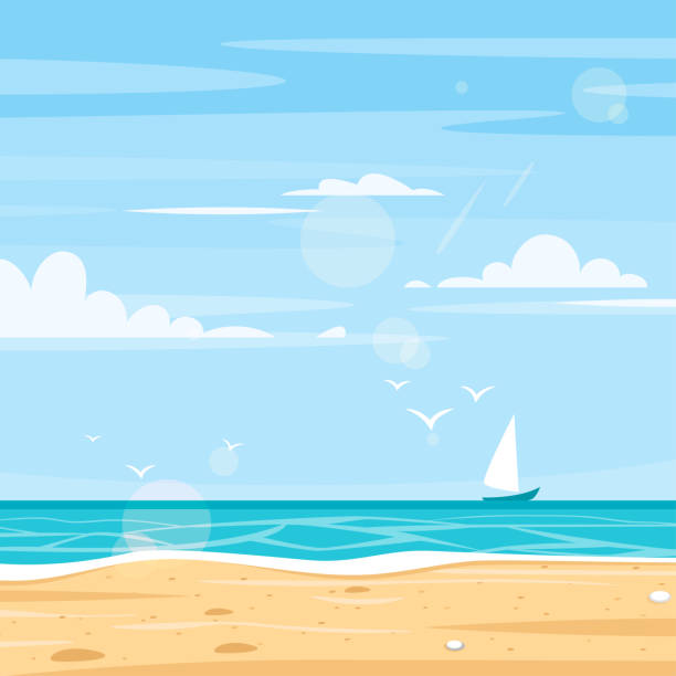 background of sea shore Vector cartoon style background of sea shore. Good sunny day. Square composition. sand illustrations stock illustrations