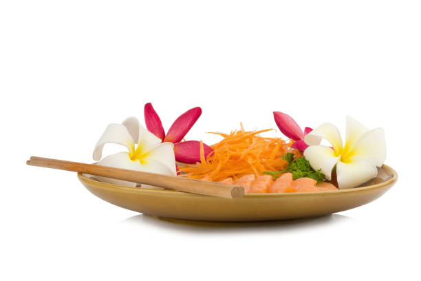 istock Salmon sashimi on dish with flower isolated on white background 958071116