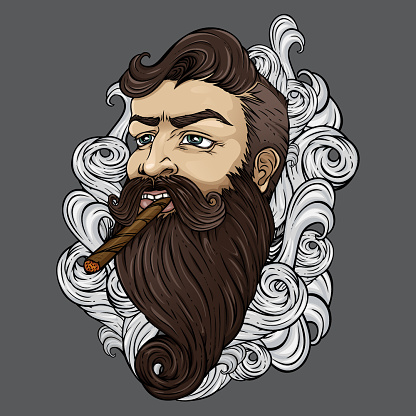 Bearded hipster with cigar in clouds of smoke.