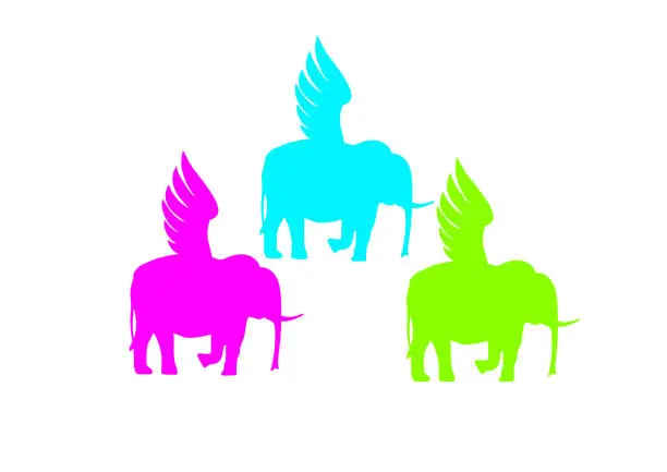 Vector illustration of Three coloured elephant silhouettes with wings.