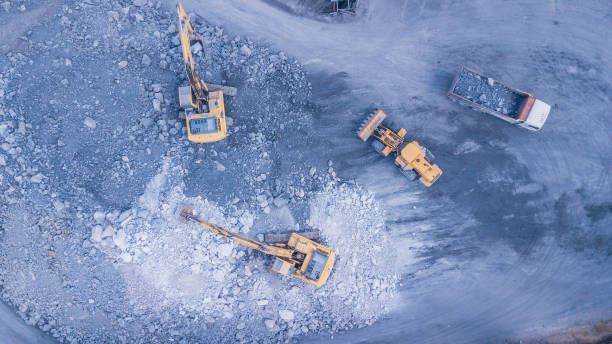 istock Aerial view  Tracks are working in quarries. 958090788