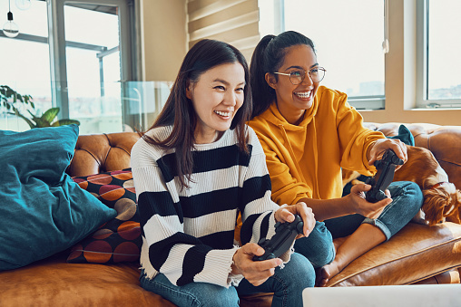 cheerful two friends playing video games with the dog cheering for them