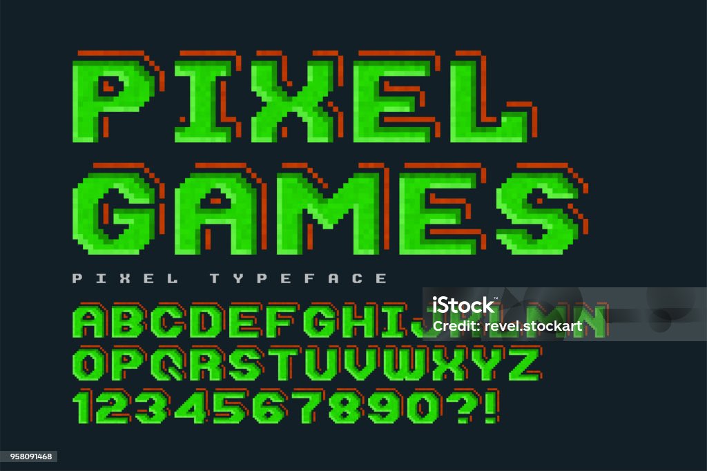 Pixel vector font design, stylized like in 8-bit games. Pixel vector font design, stylized like in 8-bit games. High contrast, retro-futuristic, game over sign. Easy swatch color control. Pixelated stock vector