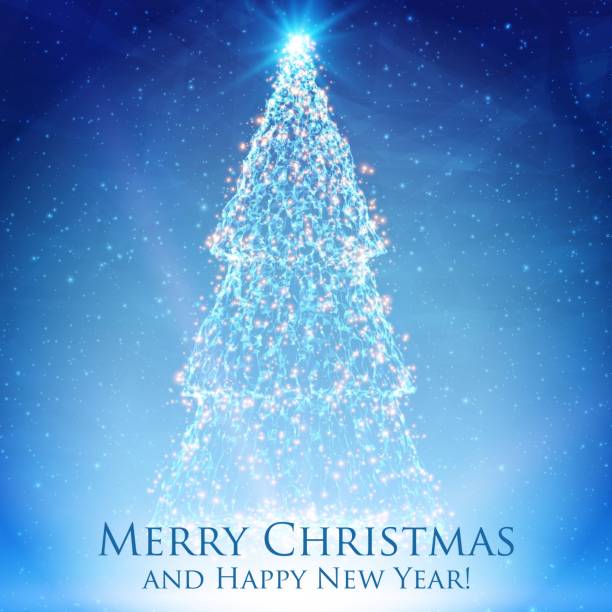 istock Shining christmas trees on colorful blue background with backlight and glowing particles. Abstract vector background. Glowing fir-tree. Elegant shining background for you design. 958091886