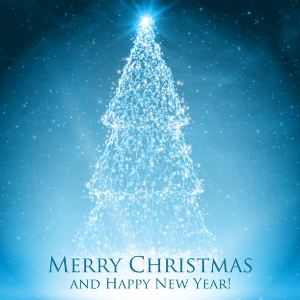 istock Shining christmas trees on colorful blue background with backlight and glowing particles. Abstract vector background. Glowing fir-tree. Elegant shining background for you design. 958092138