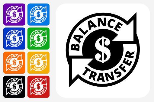 Money Transfer Icon Square Button Set. The icon is in black on a white square with rounded corners. The are eight alternative button options on the left in purple, blue, navy, green, orange, yellow, black and red colors. The icon is in white against these vibrant backgrounds. The illustration is flat and will work well both online and in print.