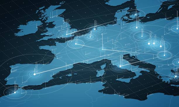 wizualizacja niebieskiej mapy dużych zbiorów danych w europie. futurystyczna infografika mapy. estetyka informacji. złożoność danych wizualnych. złożona wizualizacja graficzna danych w europie. abstrakcyjne dane na wykresie mapy. - europa stock illustrations