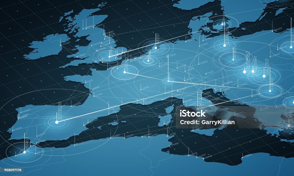 Europe blue map big data visualization. Futuristic map infographic. Information aesthetics. Visual data complexity. Complex europe data graphic visualization. Abstract data on map graph. Europe stock vector