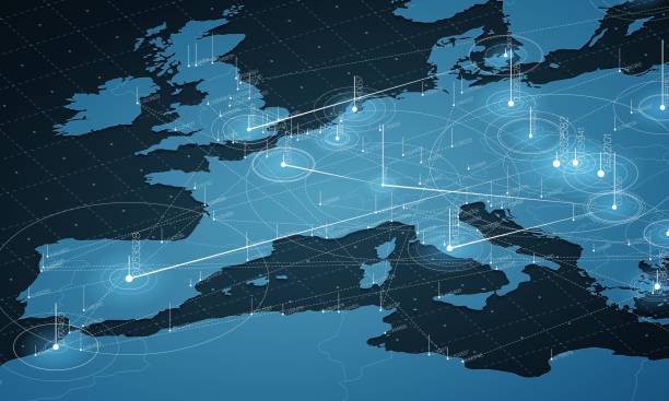 歐洲藍色地圖大資料視覺化。未來地圖圖表。資訊美學。可視資料複雜度。複雜的歐洲資料圖形視覺化。地圖圖上的抽象資料。 - 歐洲 幅插畫檔、美工圖案、卡通及圖標