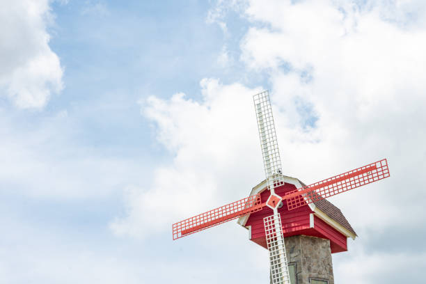 Dutch windmil on cloud and blue sky background.