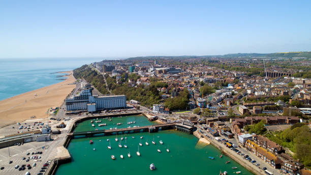 Aerial view of Fokestone city harbour stock photo