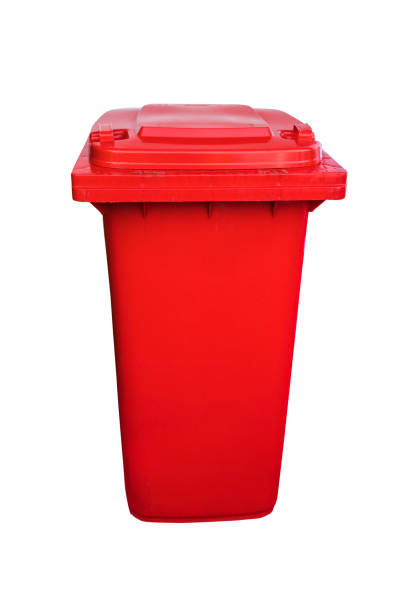 istock Plastic red public trash can or rubbish bin isolated on white, clipping path. 958117650