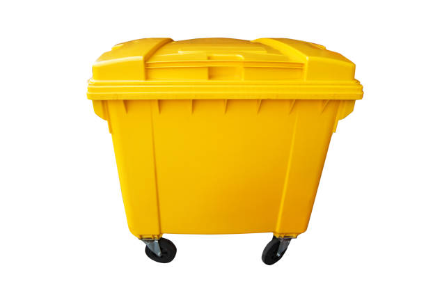 istock Public yellow trash can, recycle and rubbish bin isolated on white, clipping path 958117654