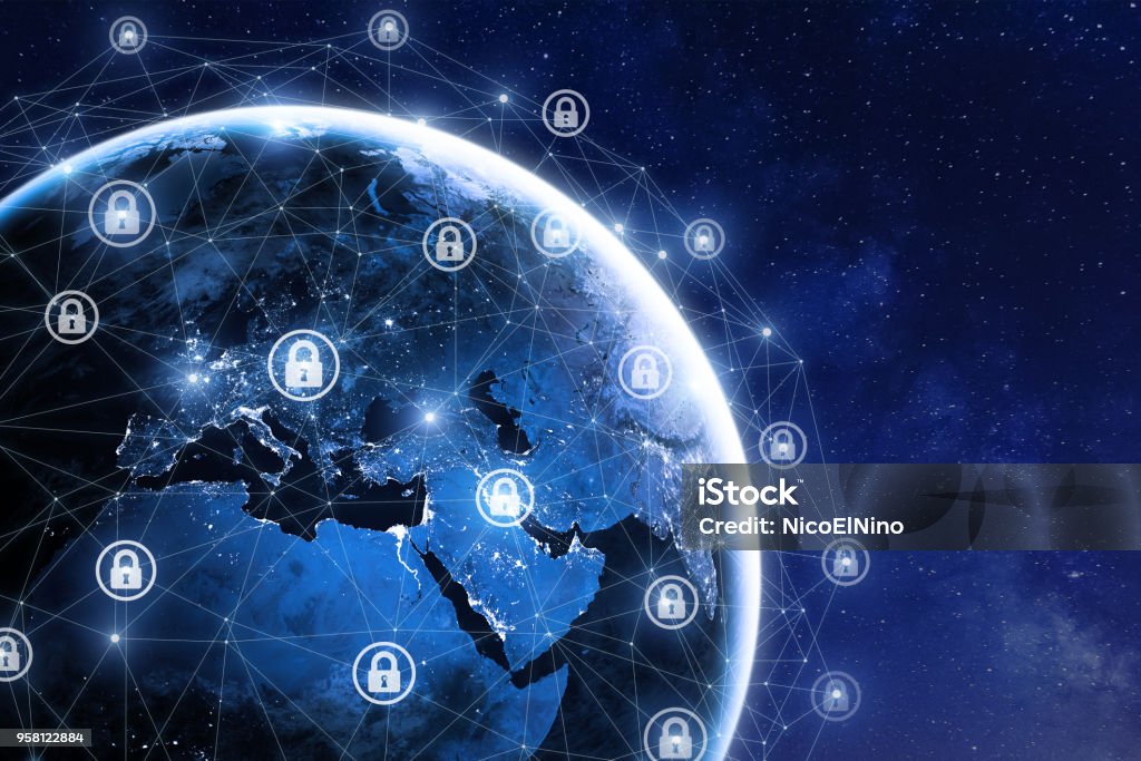 Sicurezza informatica e comunicazione globale, rete dati sicura, elementi della NASA - Foto stock royalty-free di Misure di sicurezza