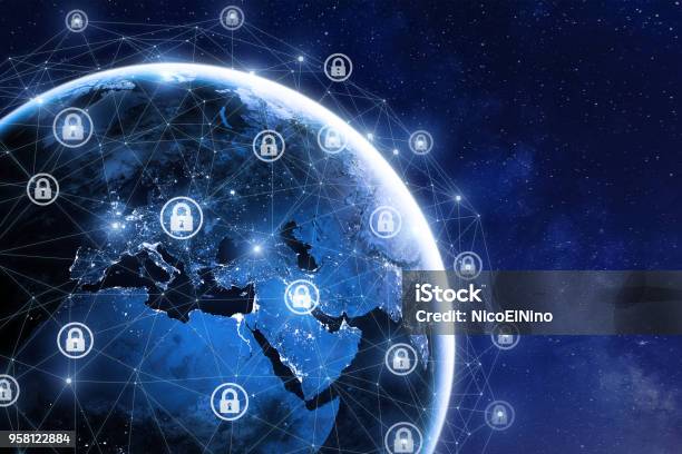 Cybersecurity And Global Communication Secure Data Network Elements From Nasa Stock Photo - Download Image Now